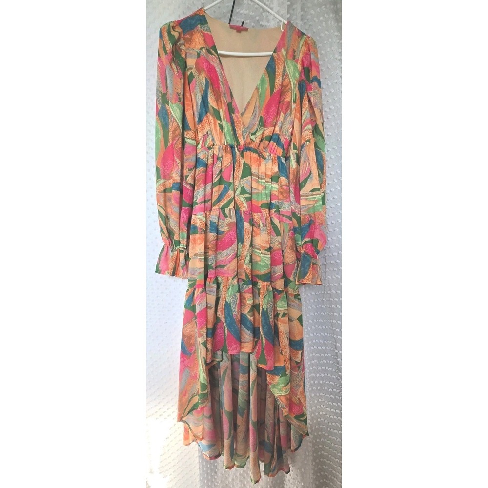 Flying Tomato Floral High Low Maxi Dress Small Vneck Tropical Fun Boho‎